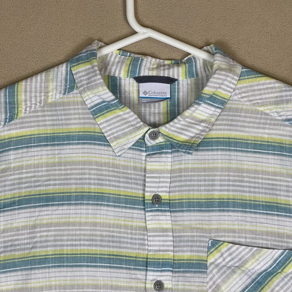 Columbia Shirt Adult XL White/Green Striped Outdoor Short‎ Sleeve Pocket Mens - Picture 2 of 10